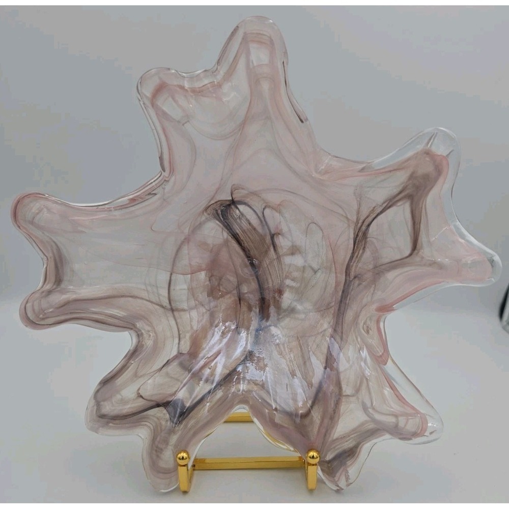 Murano Style Hand Blown Glass Bowl Pink White Swirl Star Art Glass 10 inch